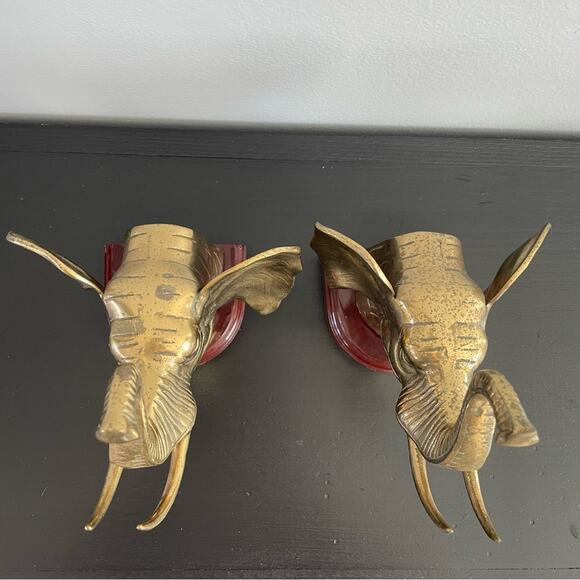 Vintage | Gold Brass Elephant Head & Wood Base Book Ends Pair Set Animal Design - Picture 3 of 7